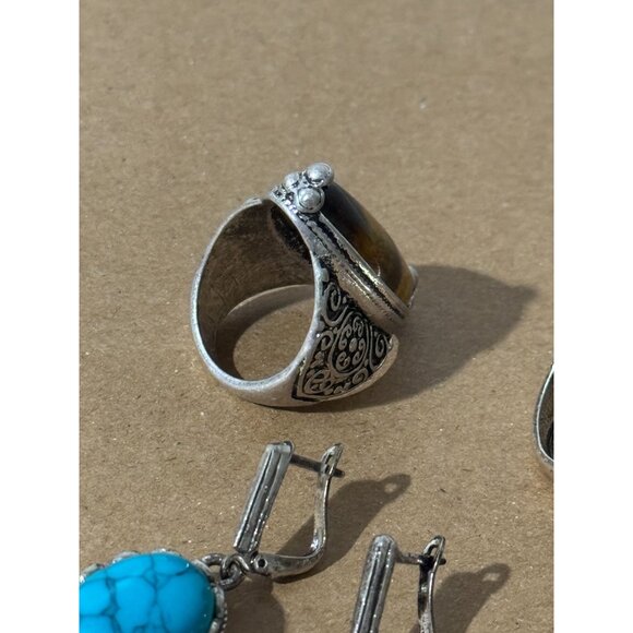 Beonon Tiger Eye Natural Gemstone Sterling Silver Jewelry Ring & Ear Ring Set - Picture 3 of 5